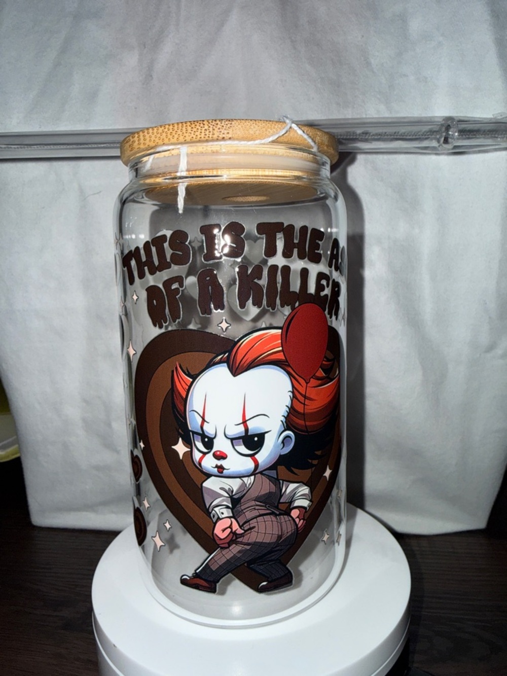 16 oz Glass Can Cup | Horror Clown Hearts Design | Bamboo Lid & Glass Straw